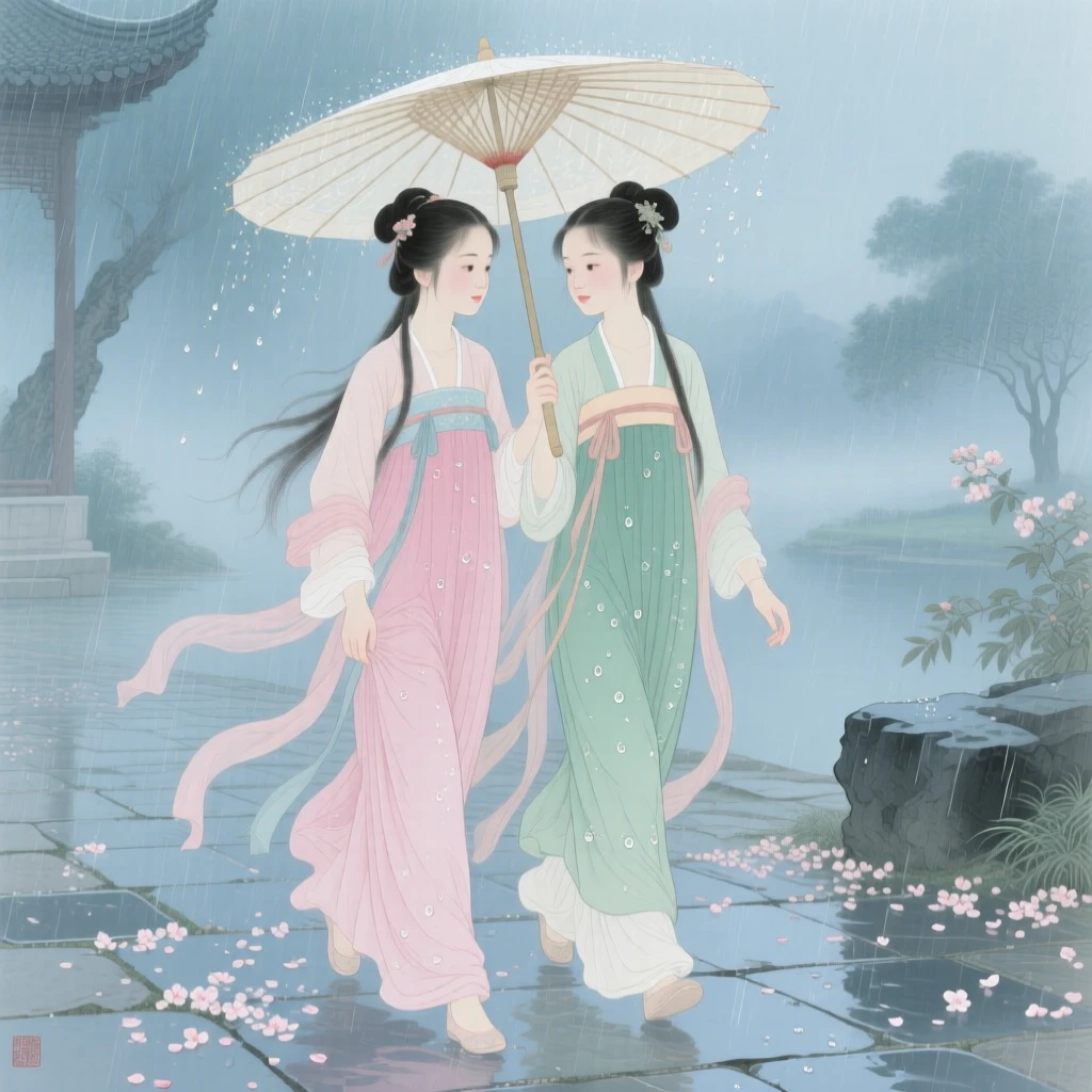 Twins sharing a single umbrella while walking home in the rain