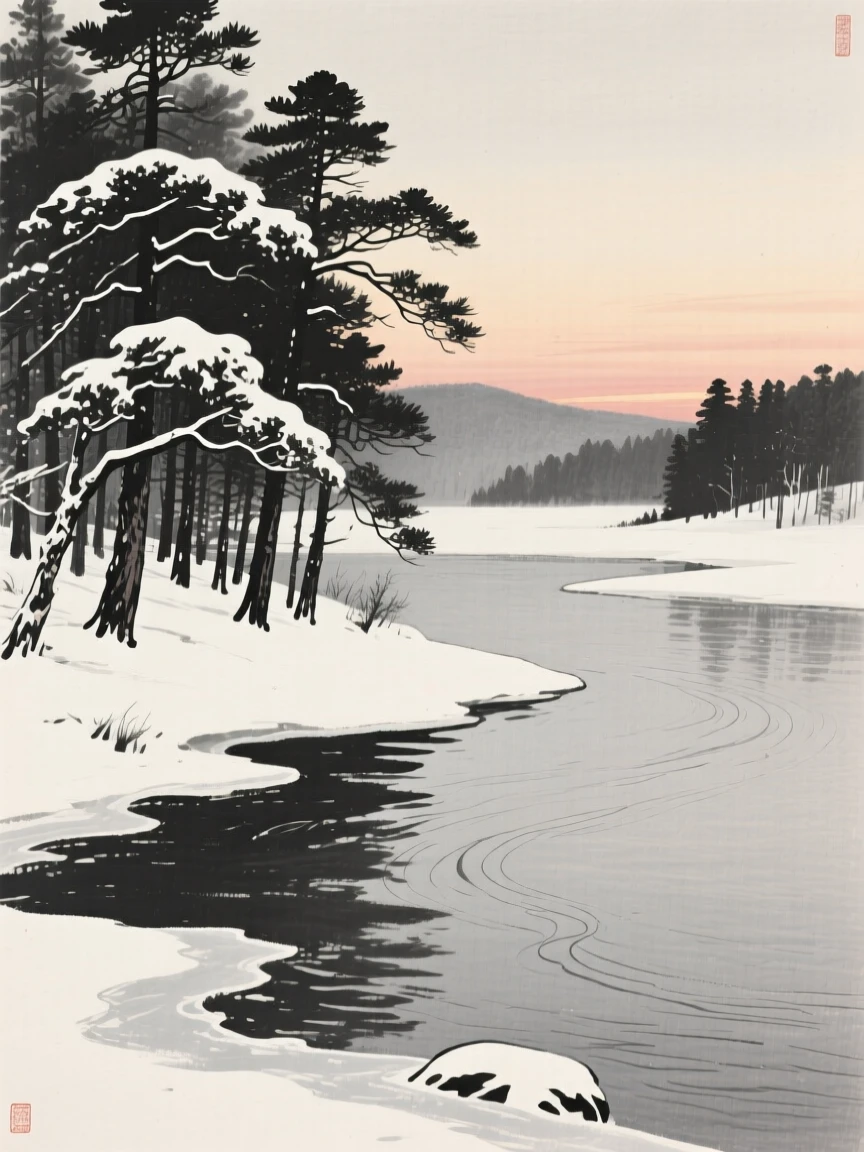 A snow-dusted pine forest along a frozen riverbank with the last light of dusk catching the water's surface, seen from across the water, the far shore reduced to soft silhouette, with faint ripples spreading slowly across the surface, evoking a deep sense of solitude and quiet grandeur.