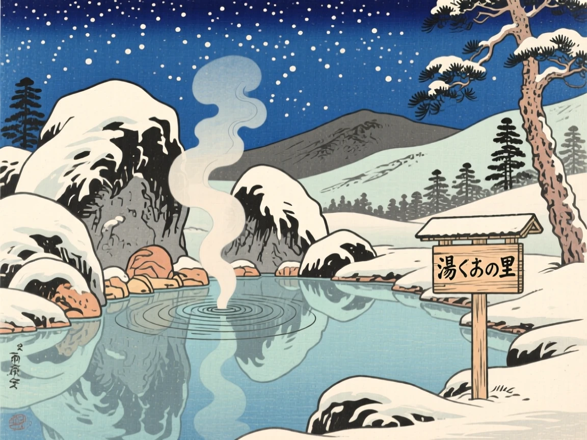 A hot spring nestled in snowy rock, reflected in a calm mountain pond, beneath a star-filled sky.