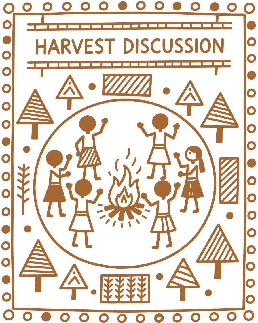 A young apprentice forming a circle to discuss the harvest around a communal fire pit.