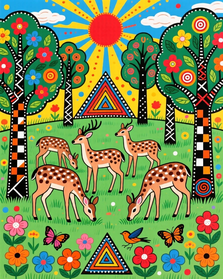 A herd of spotted deer grazing peacefully in a meadow ringed by tall trees.