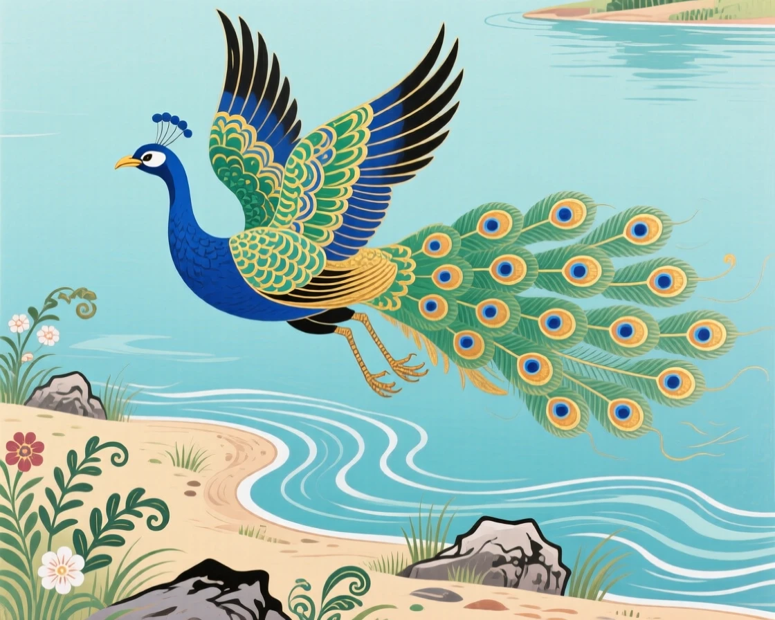 A peacock taking flight alone on the shore of a calm lake.