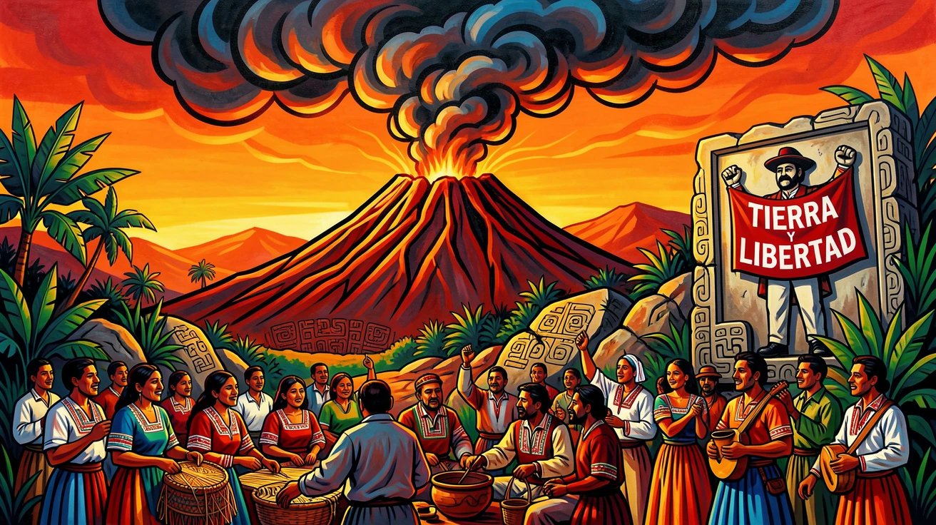 An active volcano releasing a plume of smoke against an orange sky