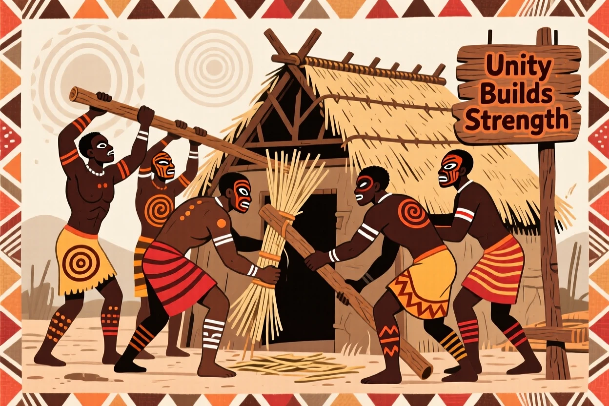 A group of men building a new thatched hut together.