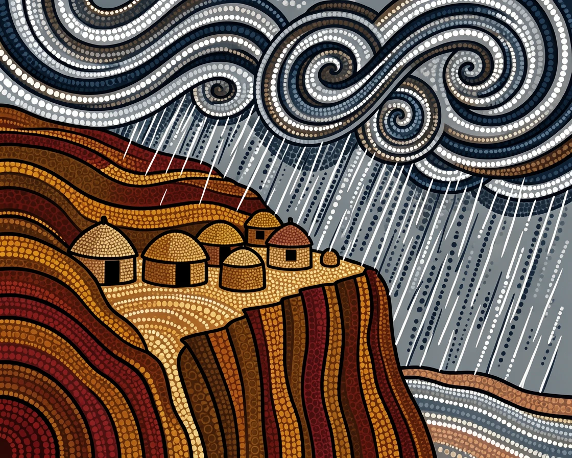 A cliffside village during a dramatic storm