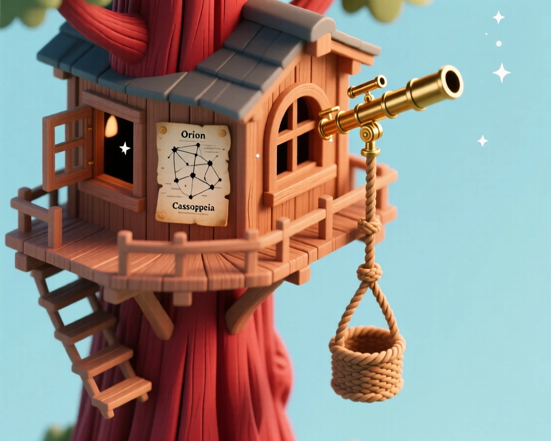 A treehouse observatory perched at the top of a redwood, with a brass telescope pointed at the stars, a rope elevator basket, and star charts pinned to the wooden walls.