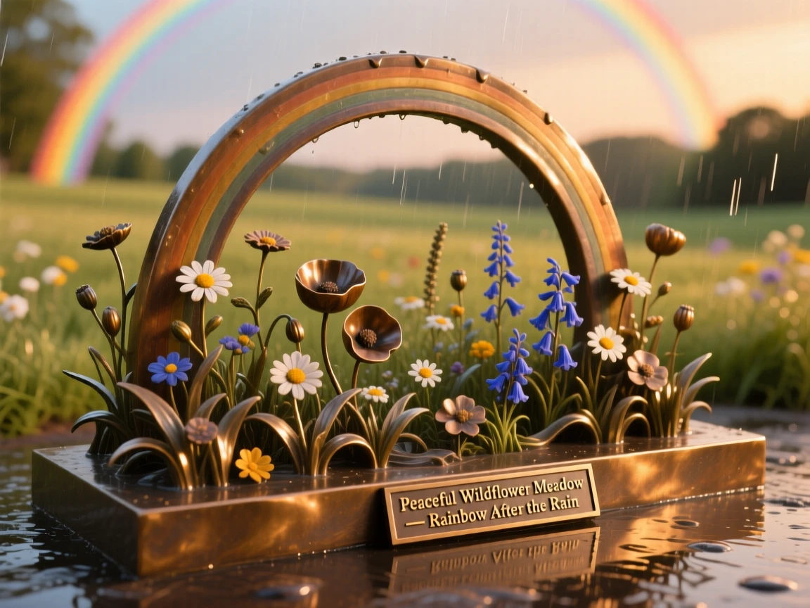 A peaceful wildflower meadow beneath a rainbow after rain, bathed in the warm hues of golden hour, offering a breathtaking sense of place