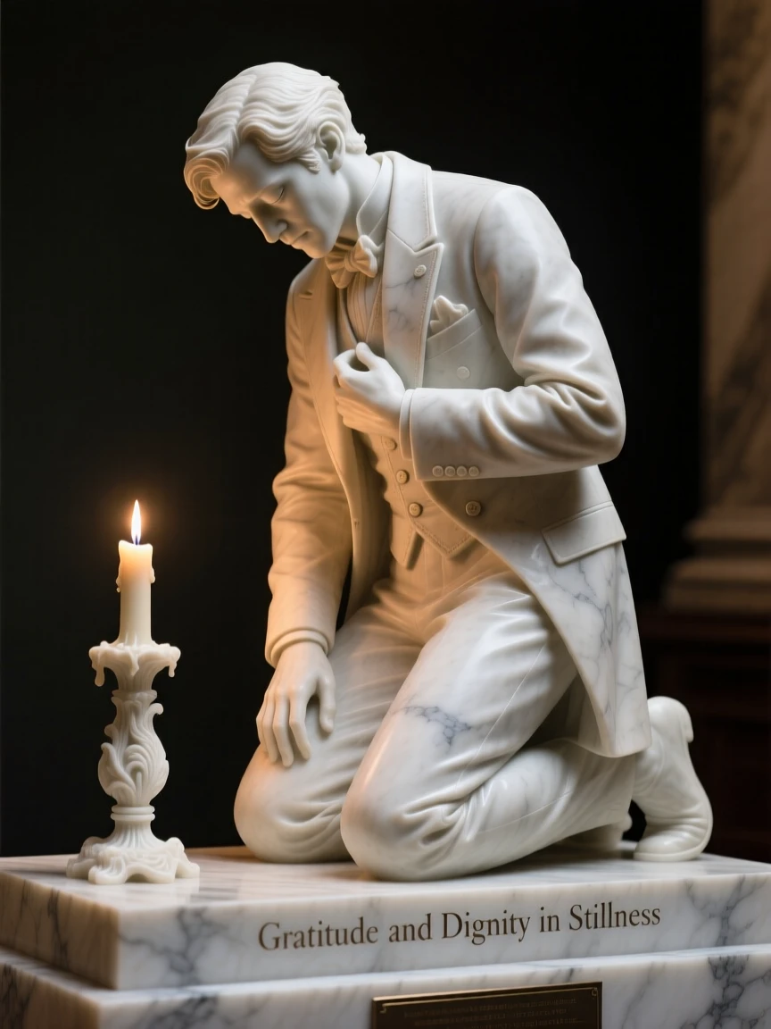 A close-up portrait of a groom straightening his jacket, kneeling with head bowed in gratitude, framed by soft candlelight, radiating quiet emotion and dignity