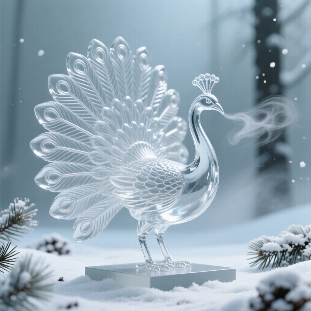 A peacock with its tail fanned open in a snow-dusted pine forest, breath visible in the cold air, soft winter light giving the scene a hushed, peaceful feeling.