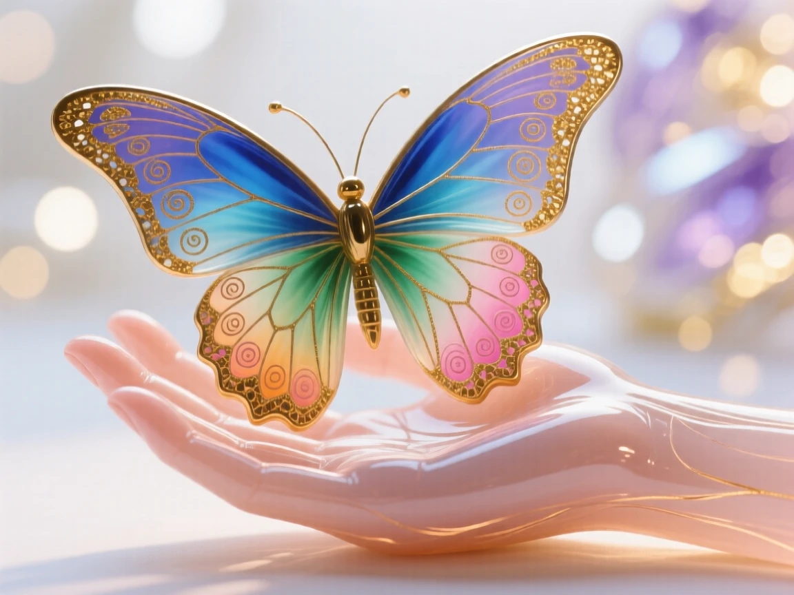 A butterfly resting on an open palm, wings spread wide, delicate and wondrous, soft bokeh light in the background.