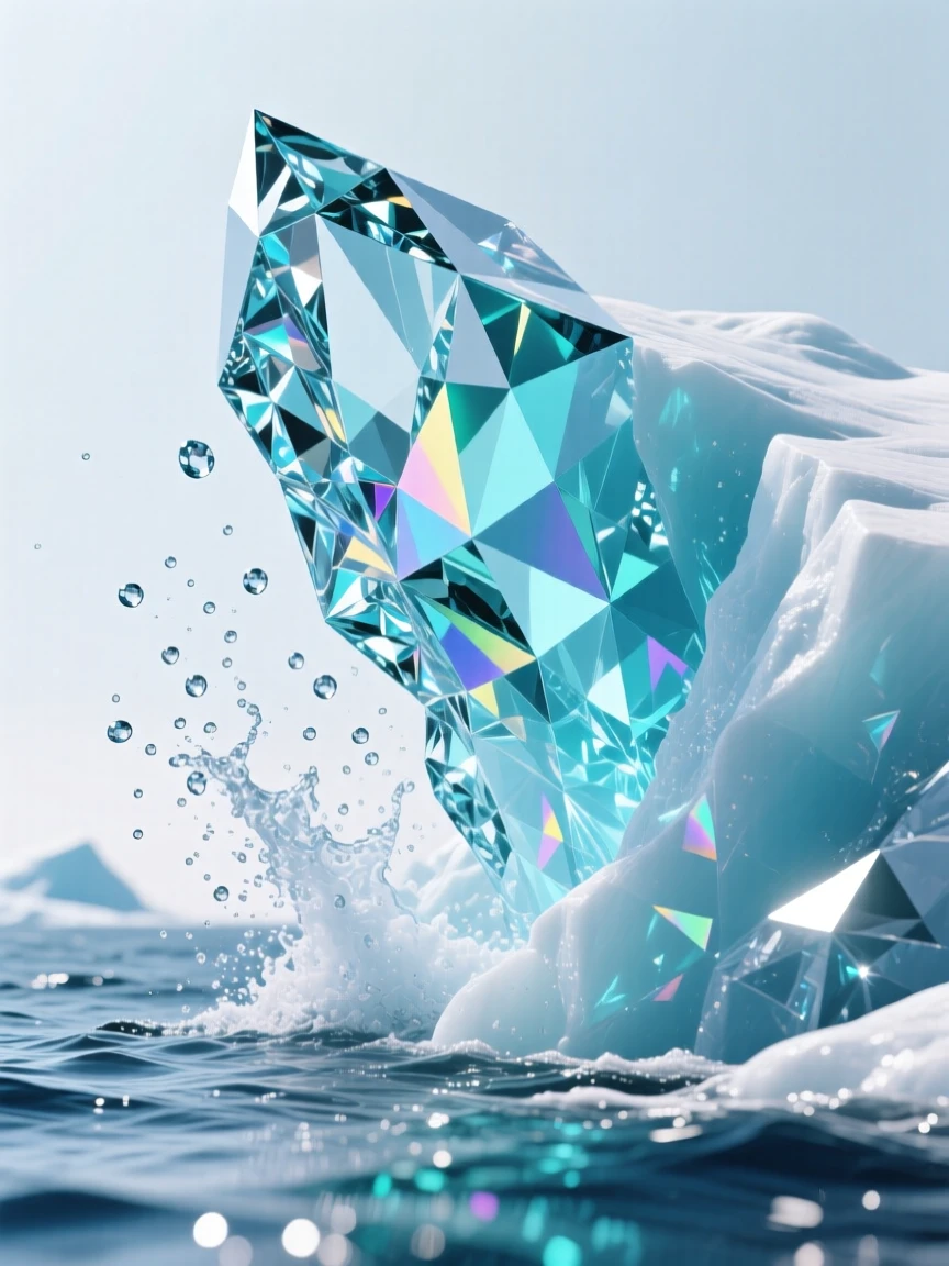 A glacier calving into the sea, a massive ice chunk mid-collapse, sea spray frozen in the air.