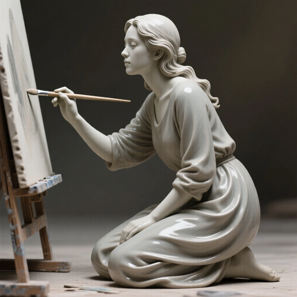An artist pausing mid-brushstroke to admire her canvas kneeling with quiet, contemplative stillness, draped in flowing garments that ripple with movement, evoking tenderness and quiet intimacy.