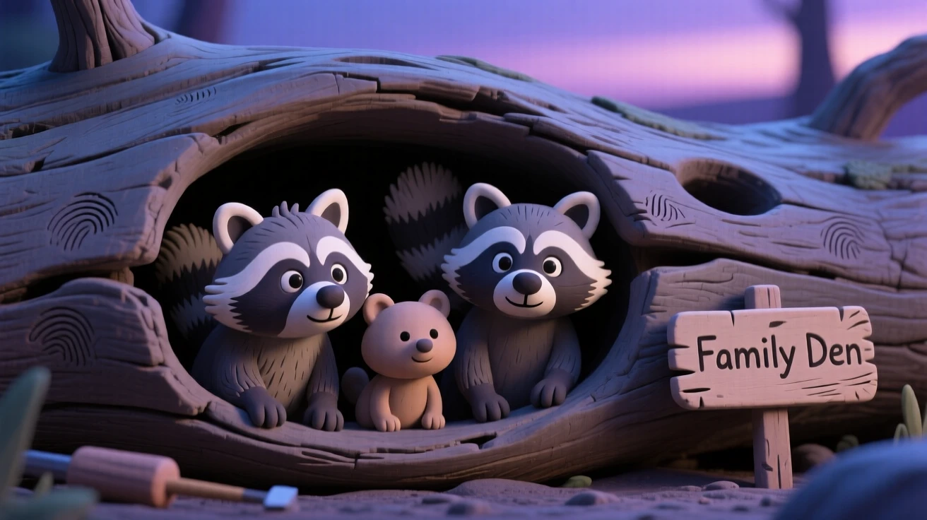 A family of raccoons peering out from a hollow log at dusk