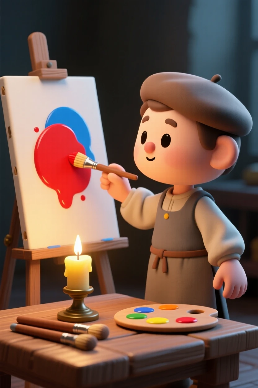 A Renaissance painter dabs bright pigment onto a canvas in a candlelit studio, brushes and palette scattered across a wooden table.