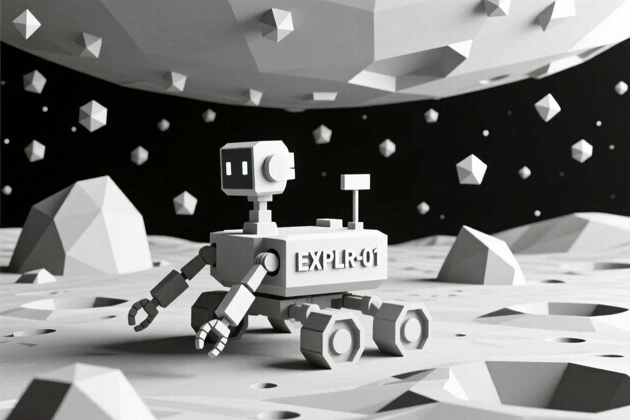 A robot exploring the surface of a distant moon, beneath a sky filled with countless stars. rich color gradients enhance the dreamlike atmosphere. A gentle, surreal beauty fills the composition.