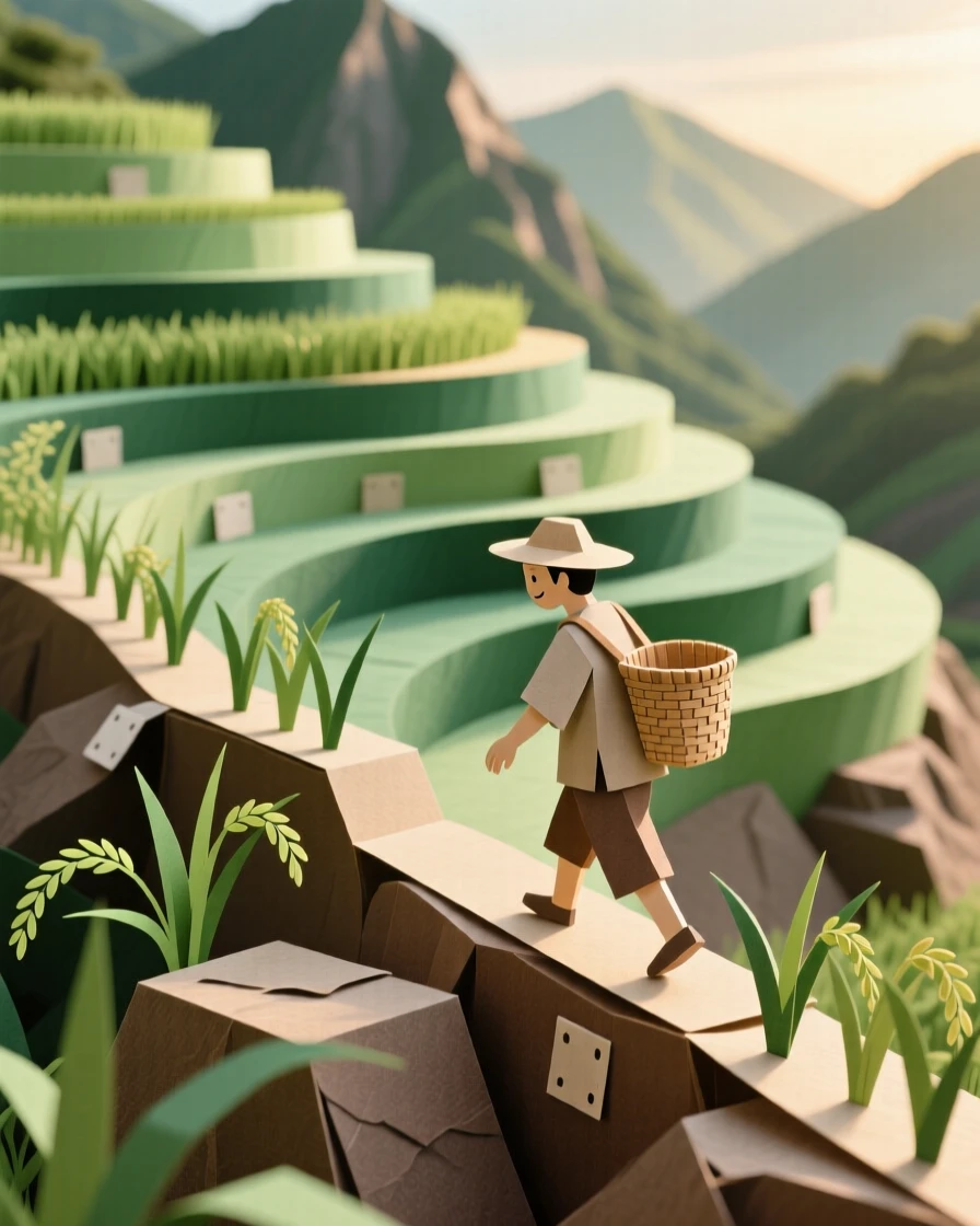 A serene rice terrace carved into a mountainside, layered in curving green tiers that catch the morning light, a farmer walking along a narrow ridge, evoking harmony between people and land.