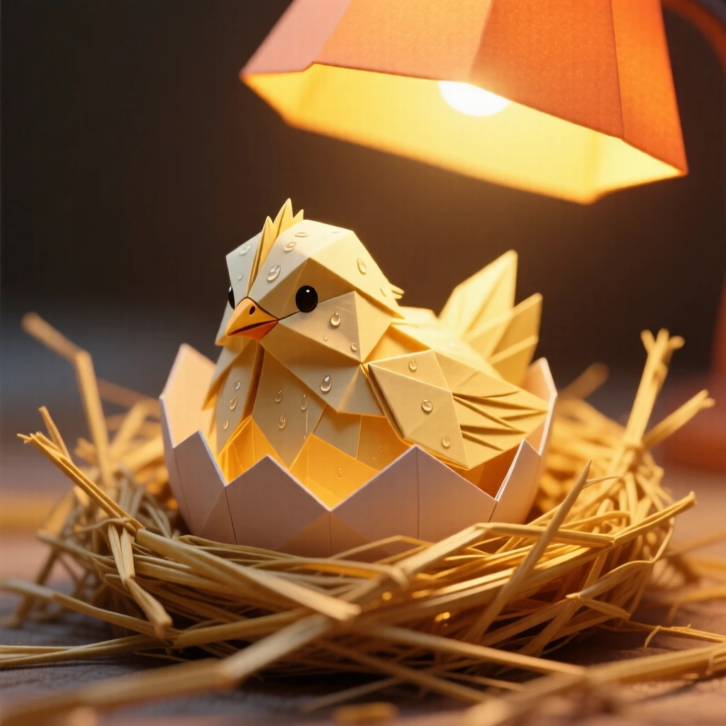 A fluffy chick just hatched from its shell, feathers still damp, straw nest glowing warmly under a heat lamp.