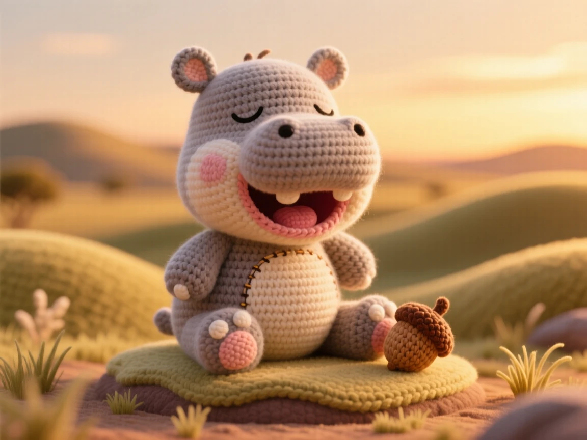 a baby hippo, with a round snout and tiny ears, yawning wide with mouth open and eyes squeezed shut, set in a rolling savanna at golden hour, with a fallen acorn resting beside its paw, evoking cheerful energy and boundless enthusiasm.
