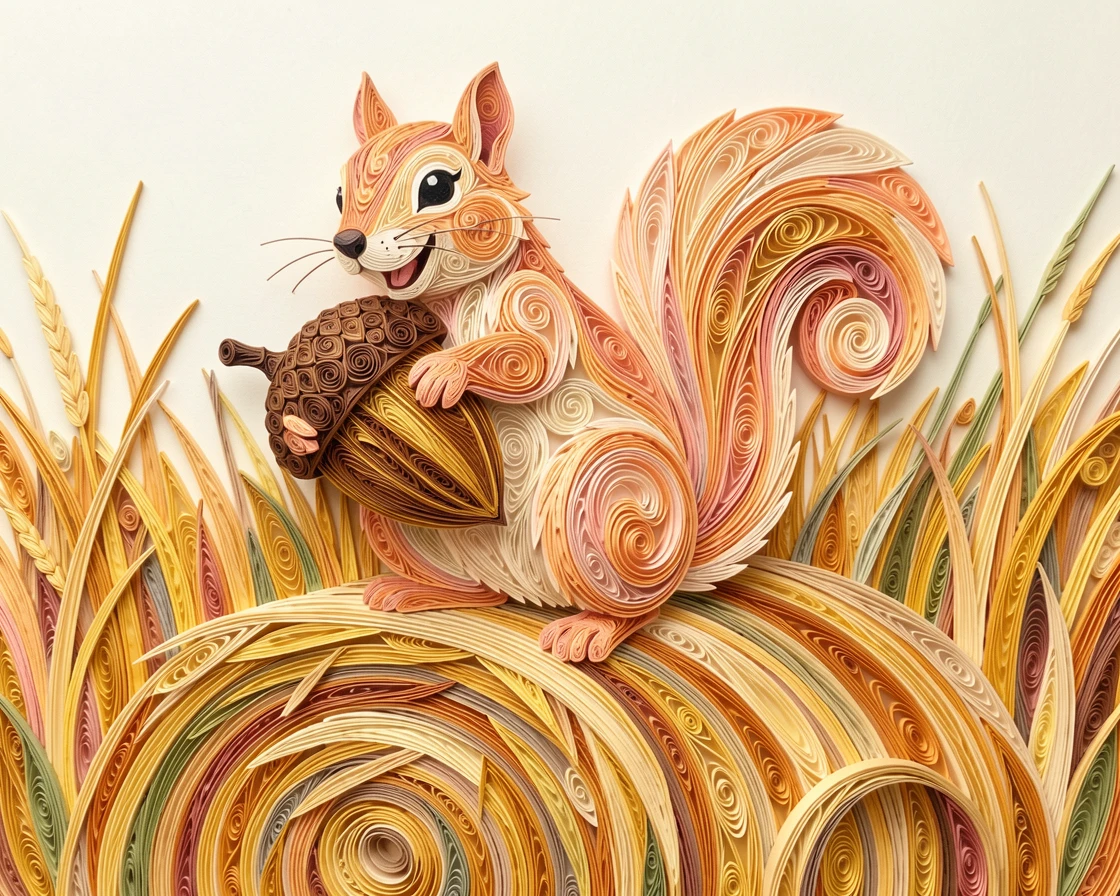a squirrel hugging an acorn to its chest, on a hay bale in a golden autumn field, captured mid-motion with a joyful, candid feel, in warm pastel tones of peach, cream, and soft pink.