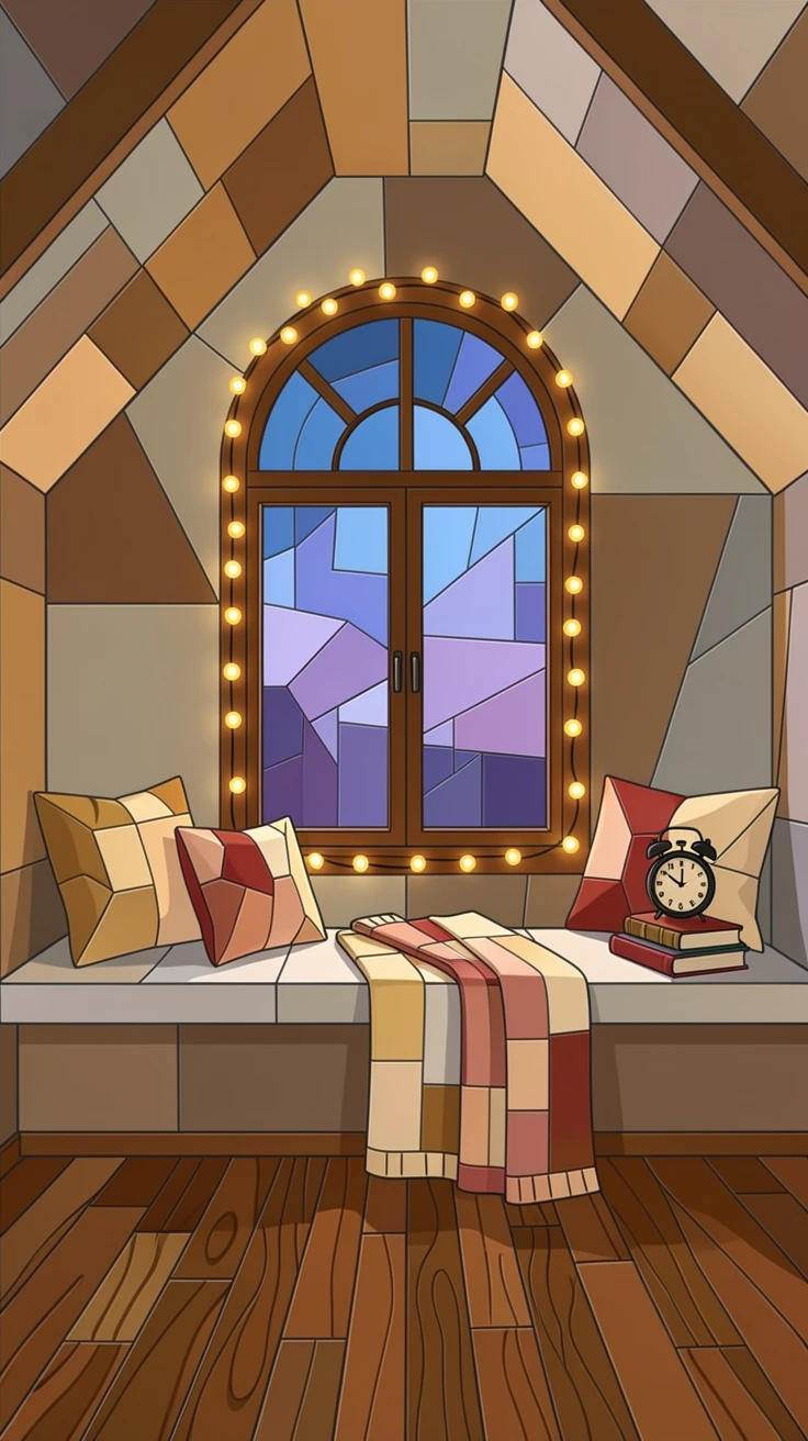 A charming, nostalgic scene of a cozy attic bedroom with fairy lights and a window seat, evoking calm and comfort.