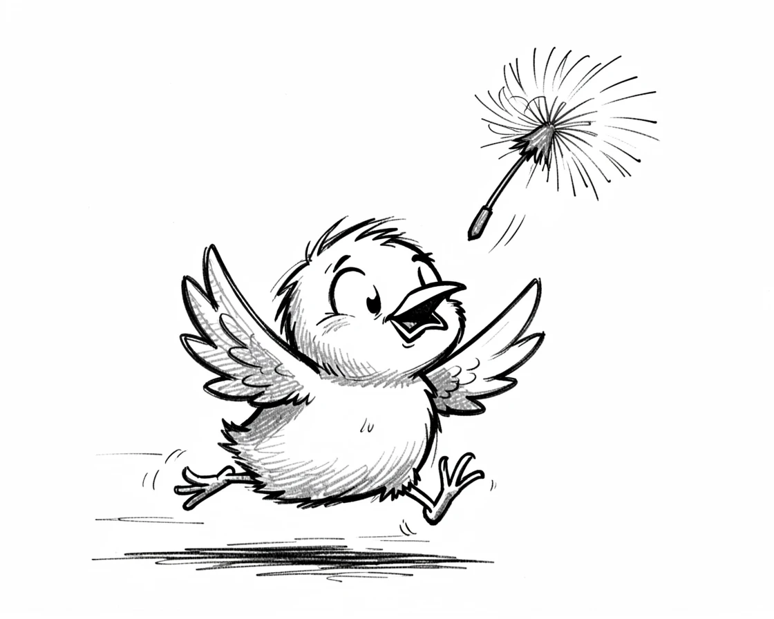 A tiny chick chasing a floating dandelion seed.