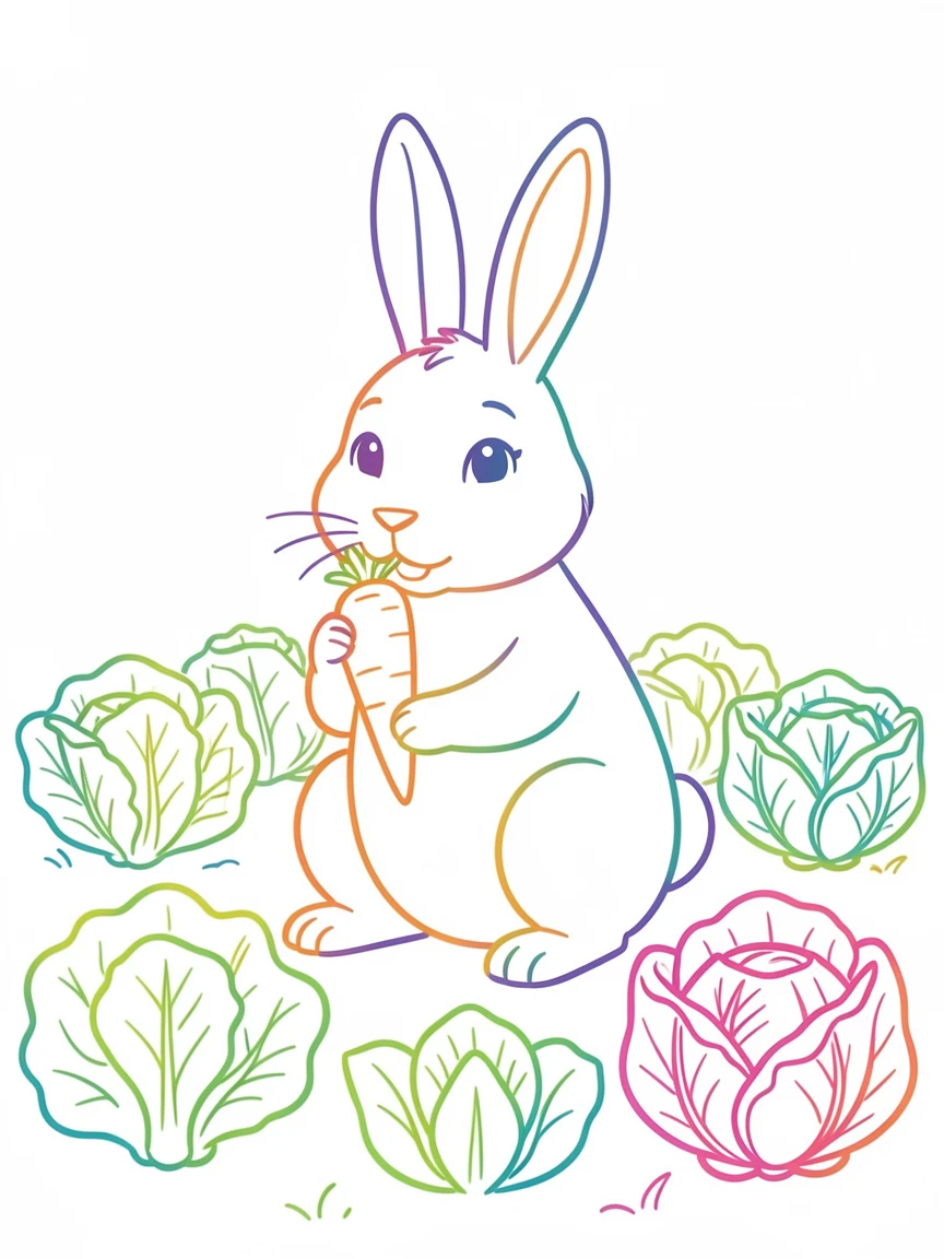 A rabbit sitting upright in a garden patch nibbling a carrot, surrounded by rows of lettuce and cabbage.