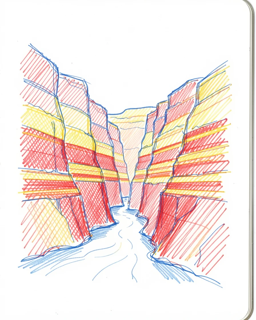 A canyon carved by a river, striped red and orange rock walls glowing at sunset