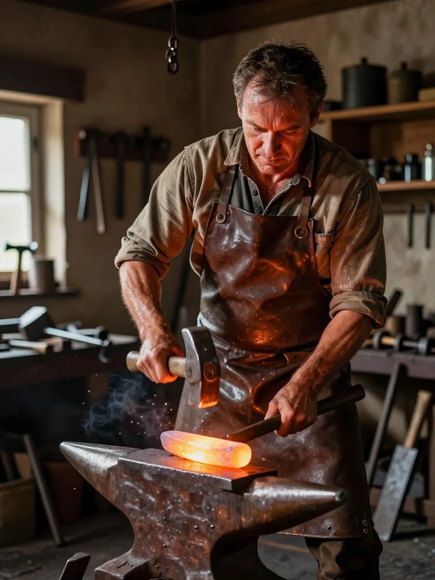 A blacksmith hammering a glowing piece of iron