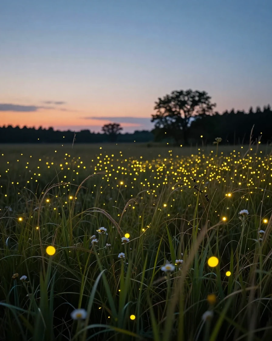 A field of luminous fireflies rises like stars over a quiet summer meadow.