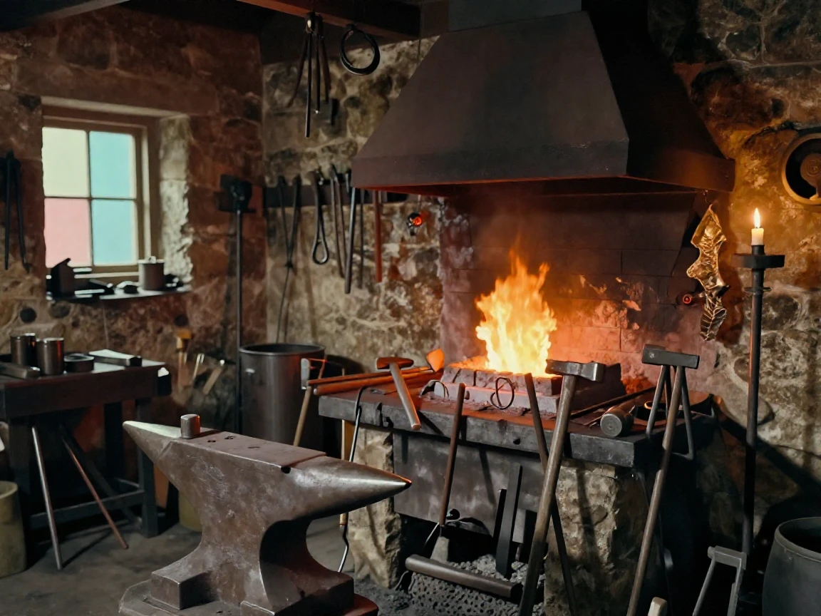 A blacksmith's forge glowing orange in a dim stone workshop, under flickering candlelight, on a clear, cloudless day, in early spring, in vivid coral and turquoise hues, from a three-quarter angle.