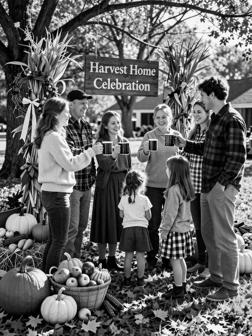 A group celebrating a harvest festival gathers to celebrate the season amid autumn harvest decorations.