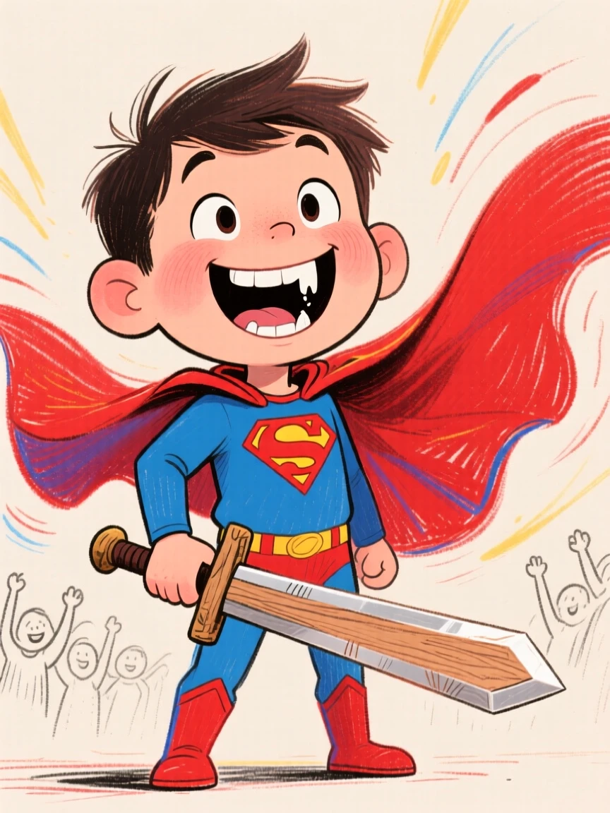 A little boy proudly showing off a missing front tooth, wearing a superhero cape and holding a wooden sword.