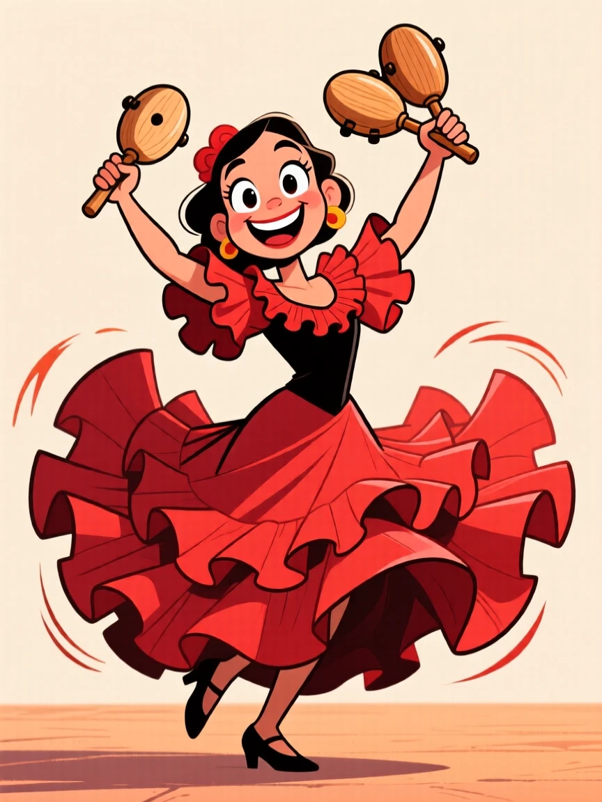 A charming portrait of a spirited flamenco dancer mid-twirl, ruffled red dress flaring out, castanets clicking in her raised hands.