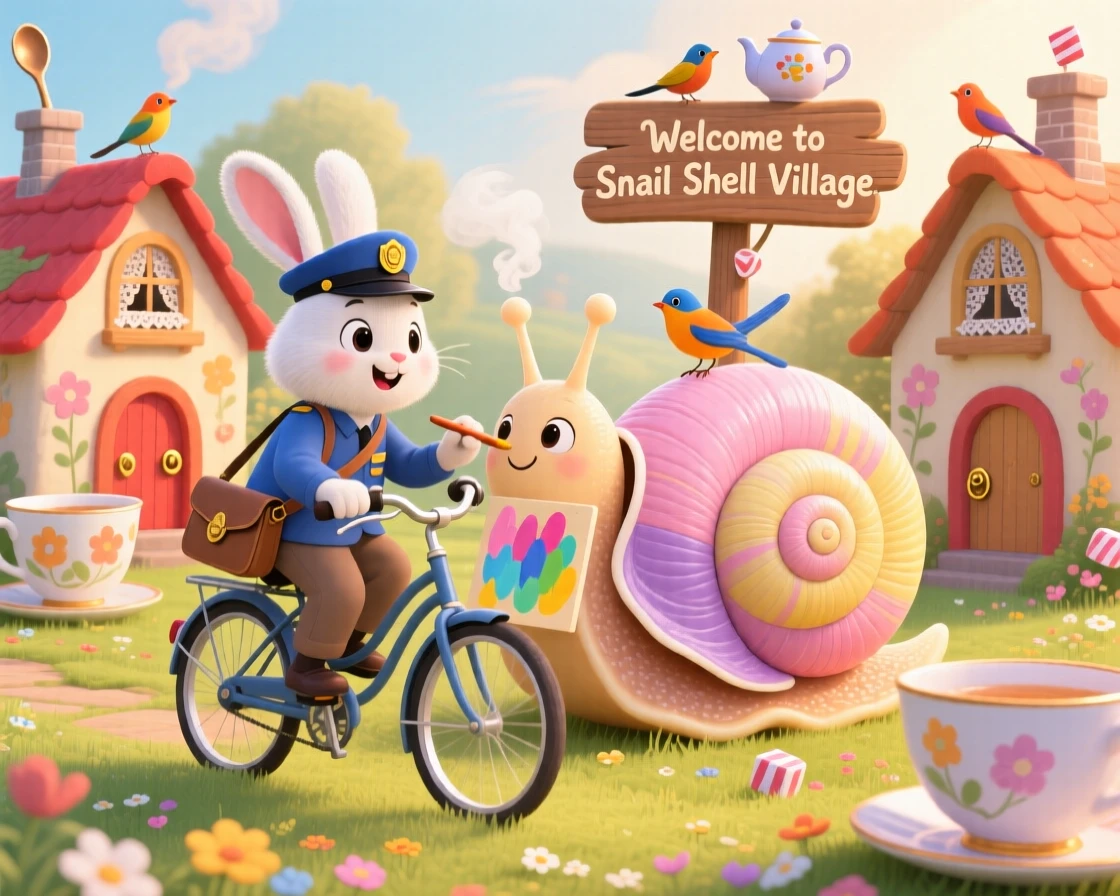 A rabbit postman on a bicycle delights in painting the inside of a snail's shell, tucked within a world where teacups are houses, with everything wrapped in a cozy, storybook charm.