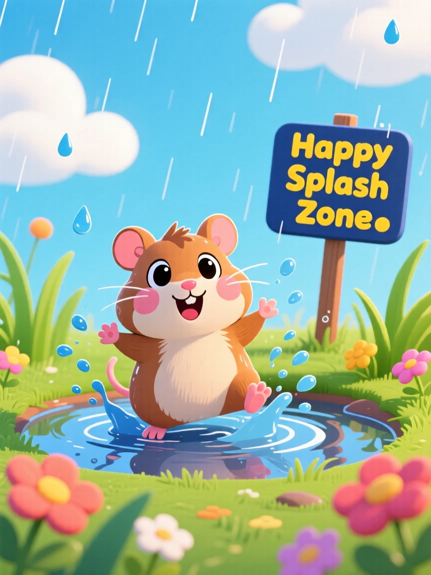 A tiny hamster splashing in a puddle after rain.