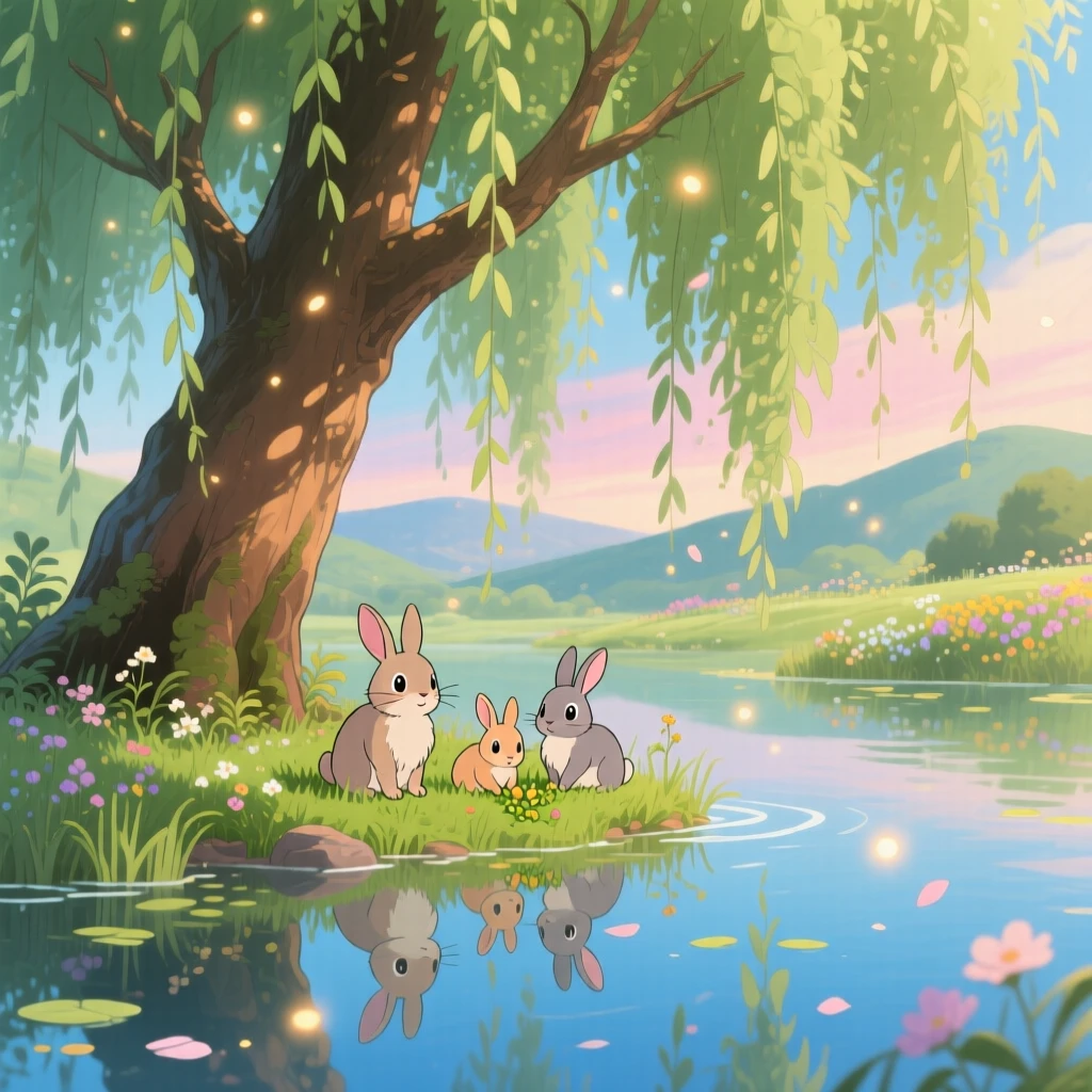 A willow tree draping its branches over a quiet pond, a family of rabbits nibbling at the undergrowth, creating a scene of quiet natural magic.