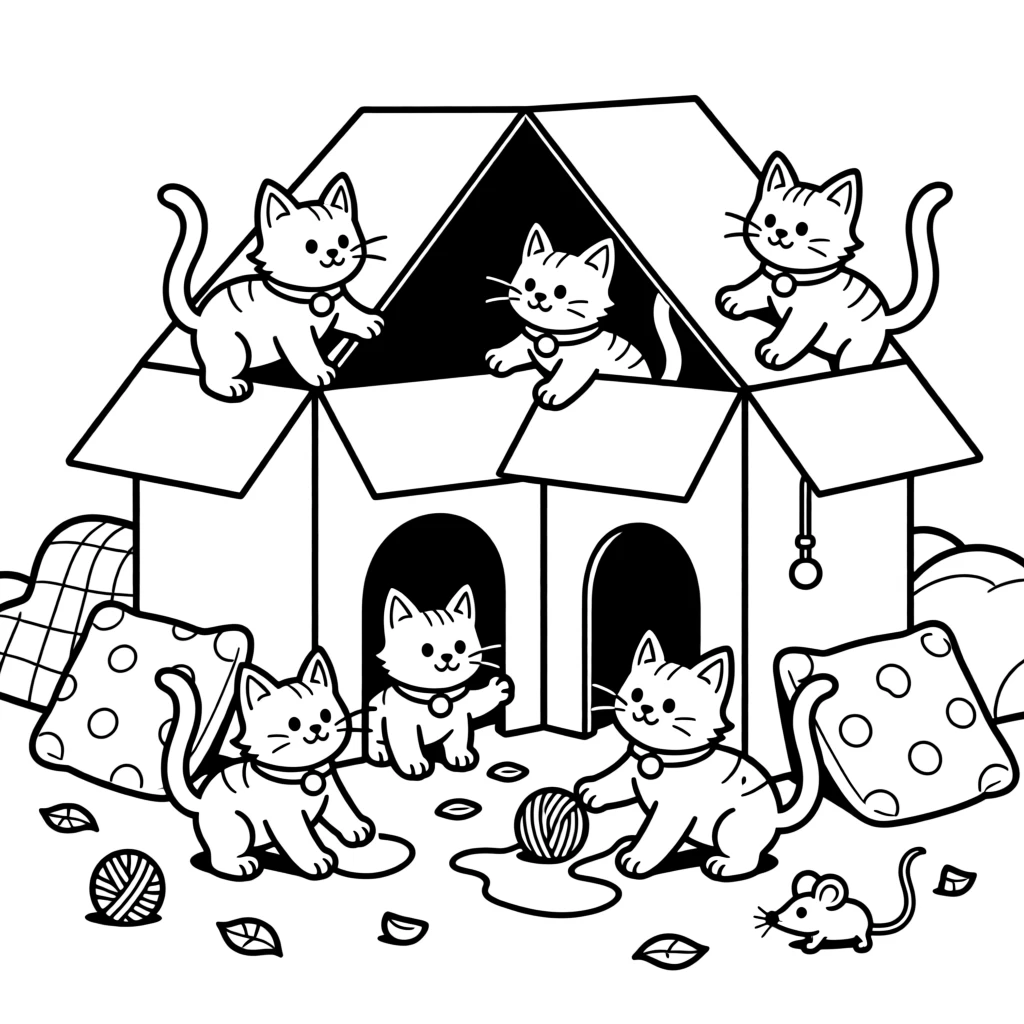 A litter of kittens playing inside a cardboard box fort