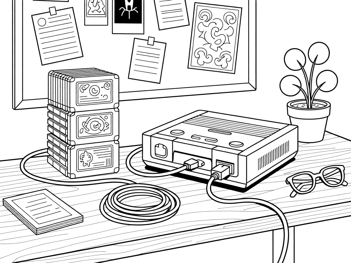 A stack of retro game cartridges beside an old console, with cables neatly arranged along the desk.