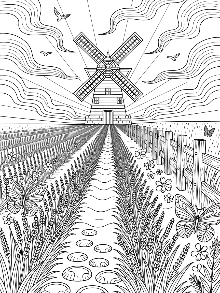 A meadow of lavender rows leading toward a distant windmill.