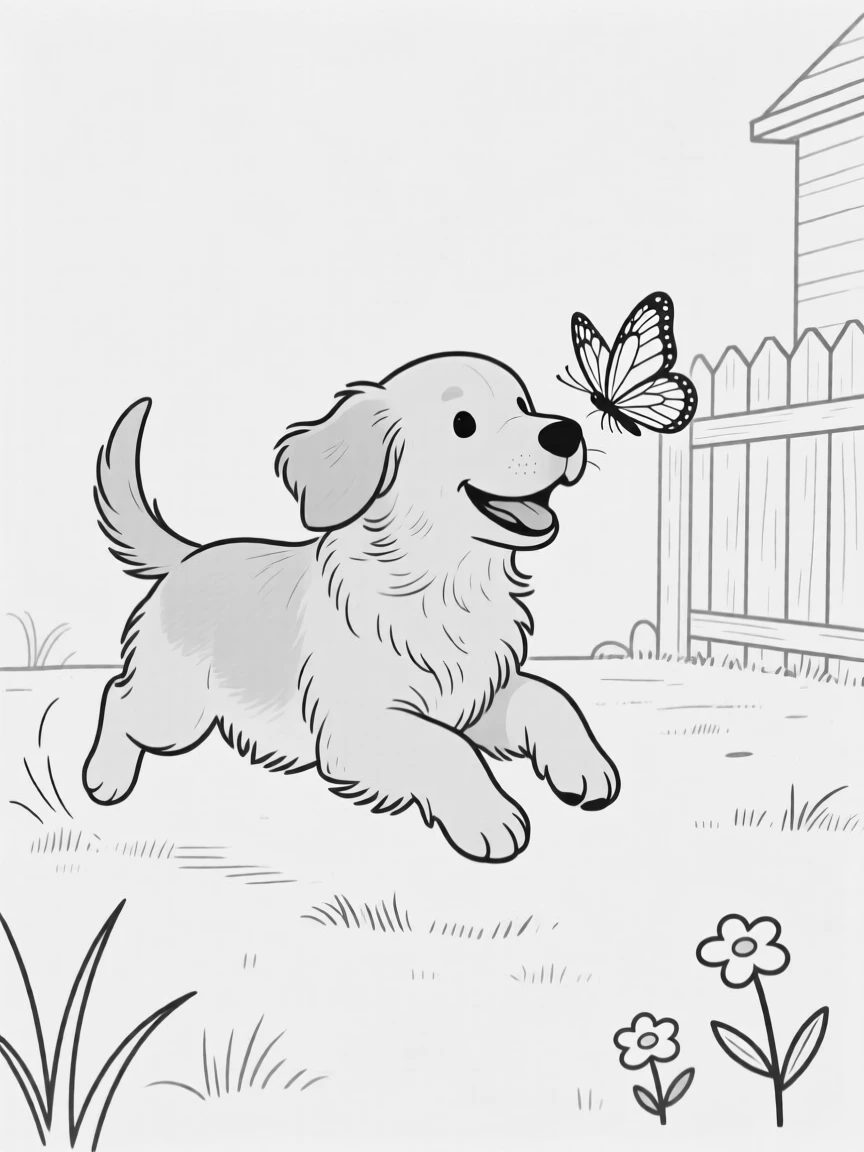 A golden retriever puppy chasing a butterfly in a backyard