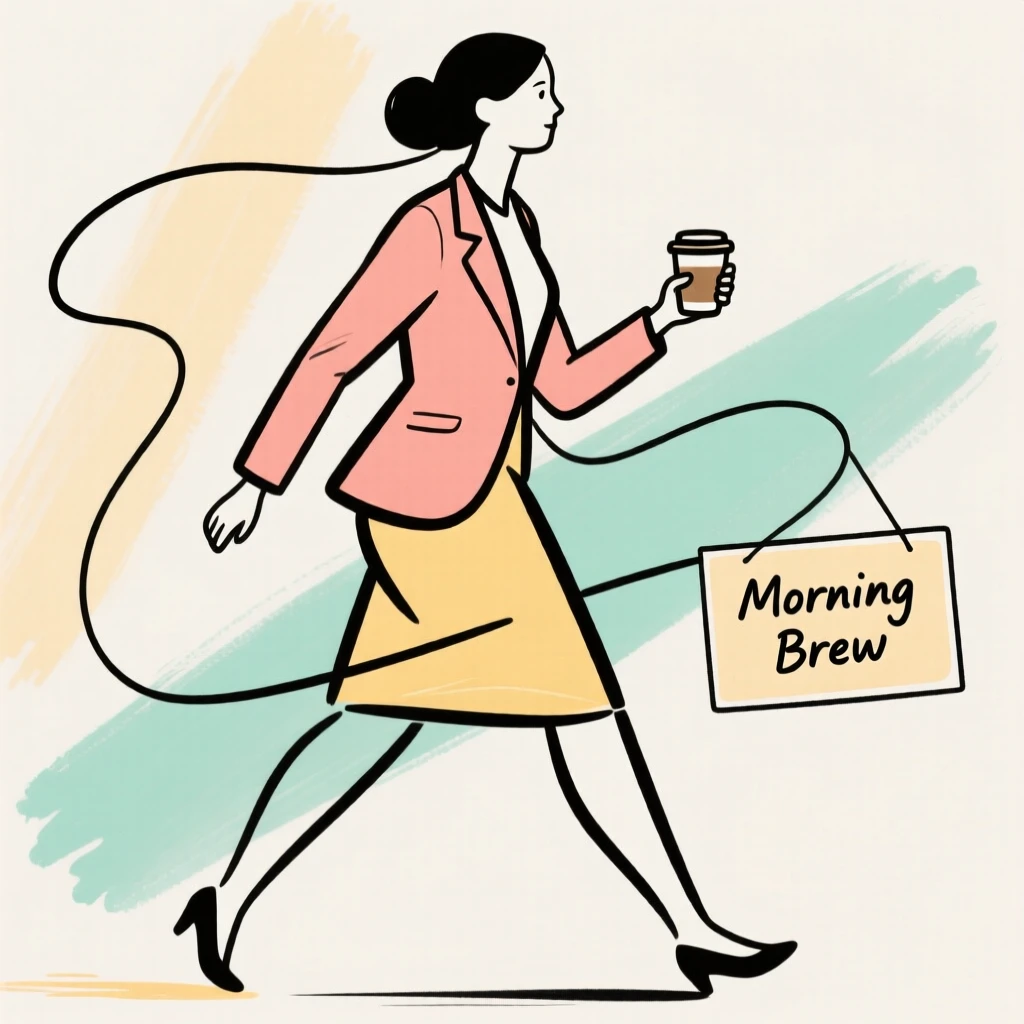 A businesswoman walking briskly with a coffee