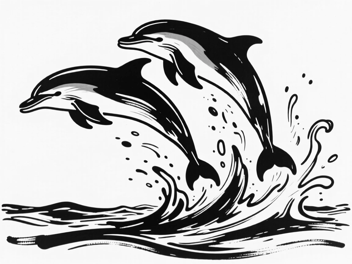 A pair of dolphins jumping through ocean spray at sunset.