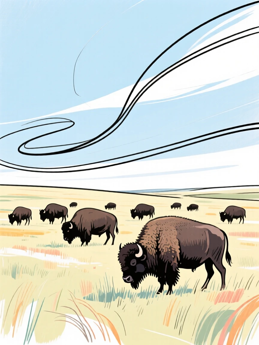 A herd of bison grazing on a windswept prairie under a wide sky.