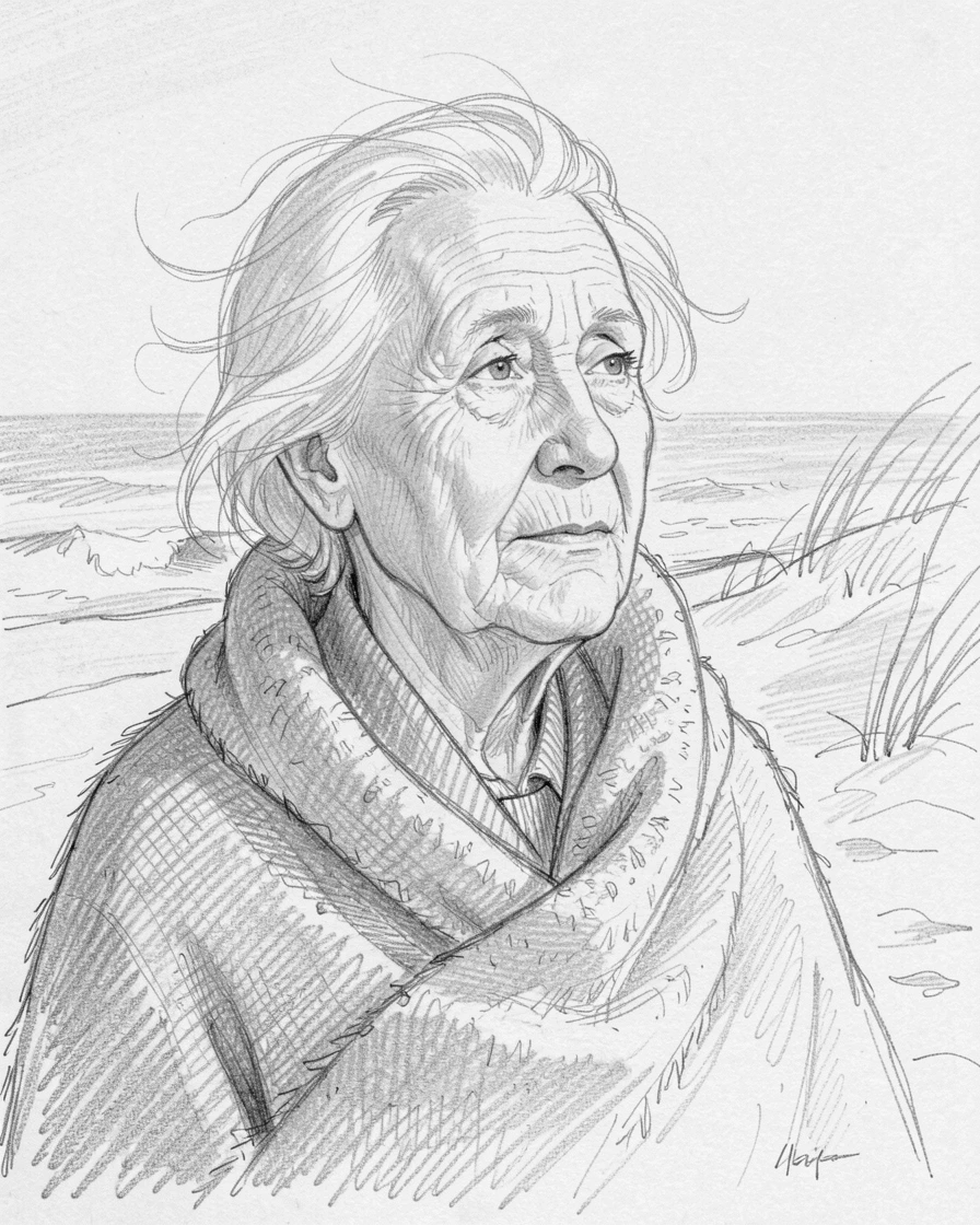 Intimate close-up of a wise elderly grandmother on a windswept beach at dawn, wrapped in a warm woolen shawl.