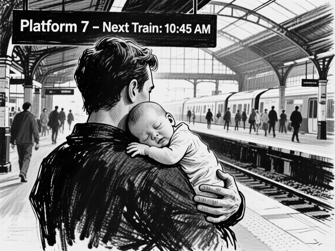 A newborn baby resting their head on a partner's shoulder, at a busy train station.