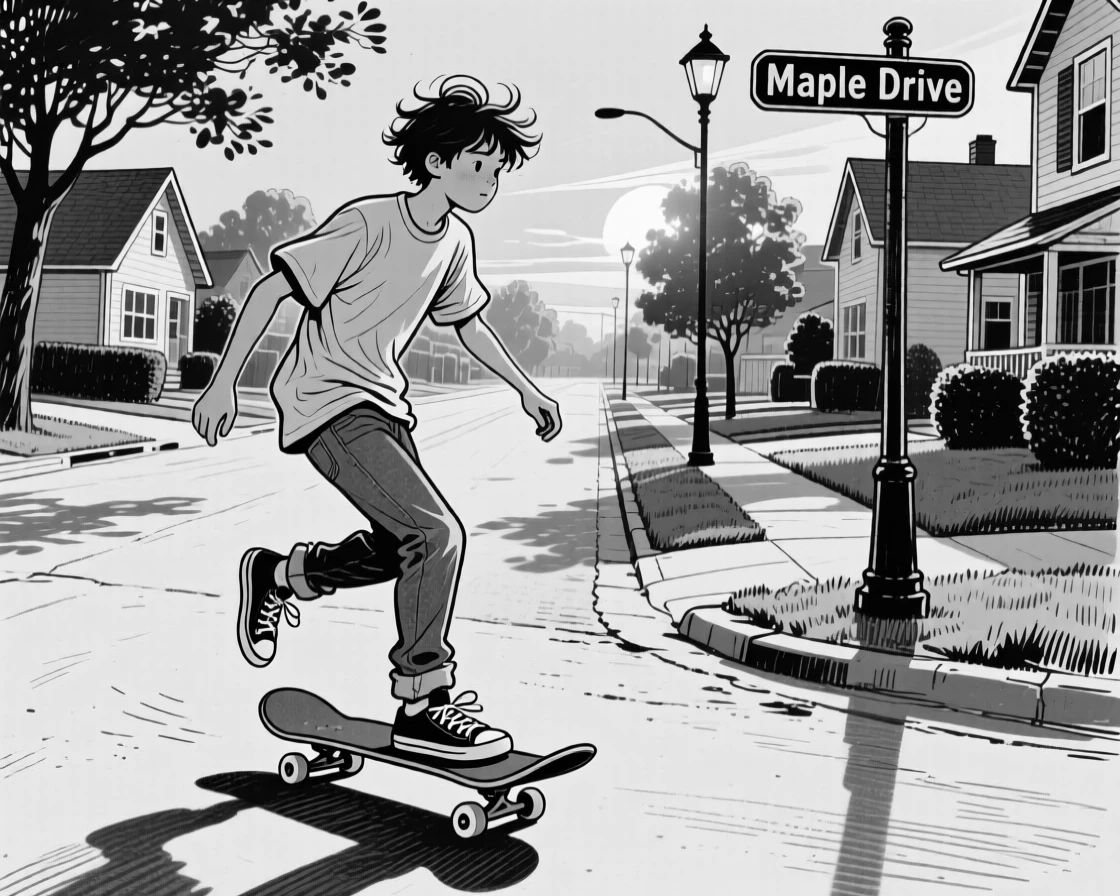 A teenager skateboarding down a quiet suburban street at golden hour, long shadows trailing behind.