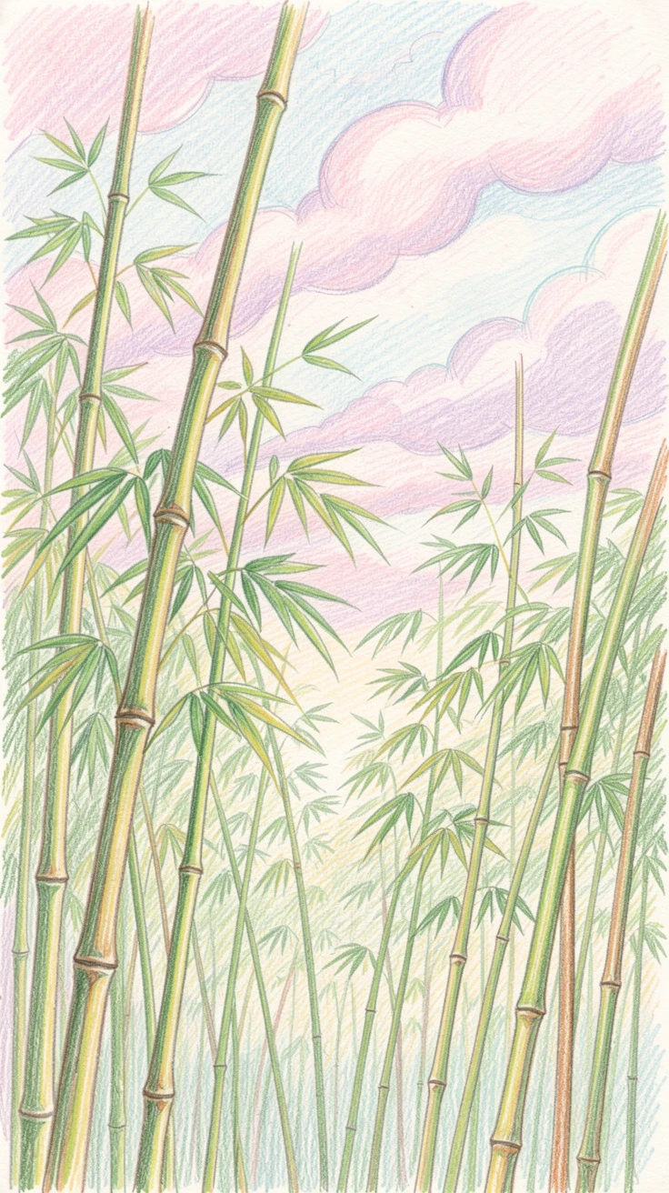 A bamboo grove with slender stalks swaying gently in the breeze, with soft clouds drifting across a pastel-colored sky, capturing a fleeting, magical moment in nature.