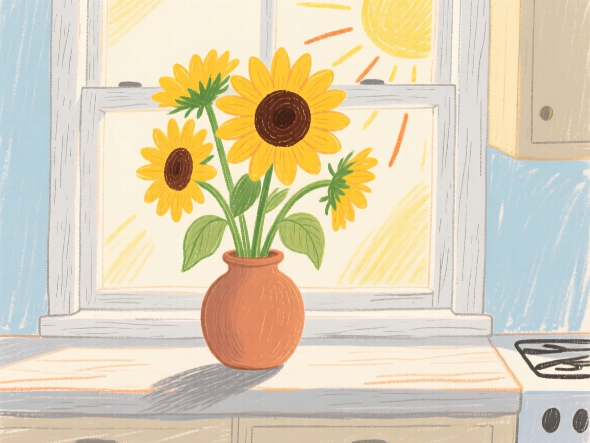 A vase of sunflowers glowing beside a sunlit kitchen window.