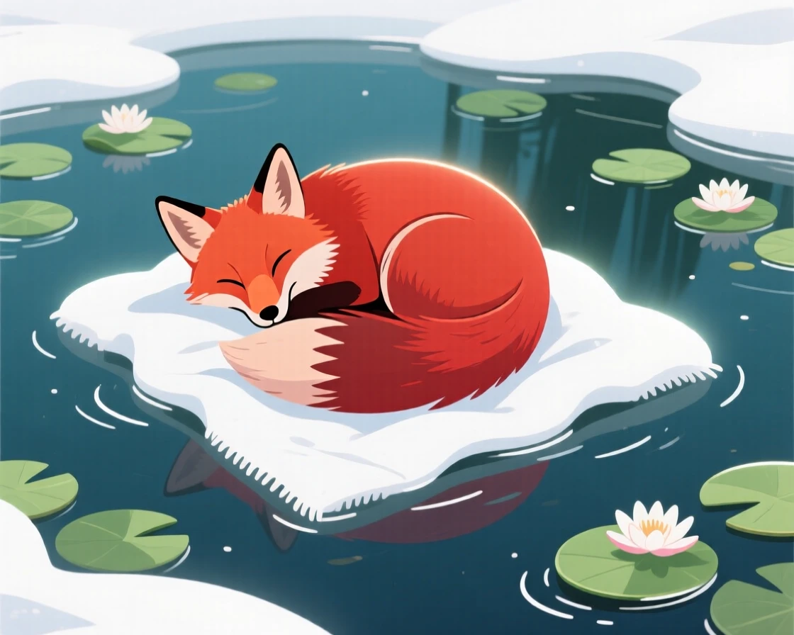 A red fox curled into a neat circle in fresh snow, surrounded by delicate lily pads on a still pond, captured in profile with soft rim lighting, with vivid, richly saturated colors that pop.