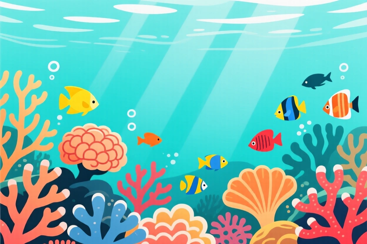 A colorful coral reef teeming with fish beneath crystal-clear turquoise water.